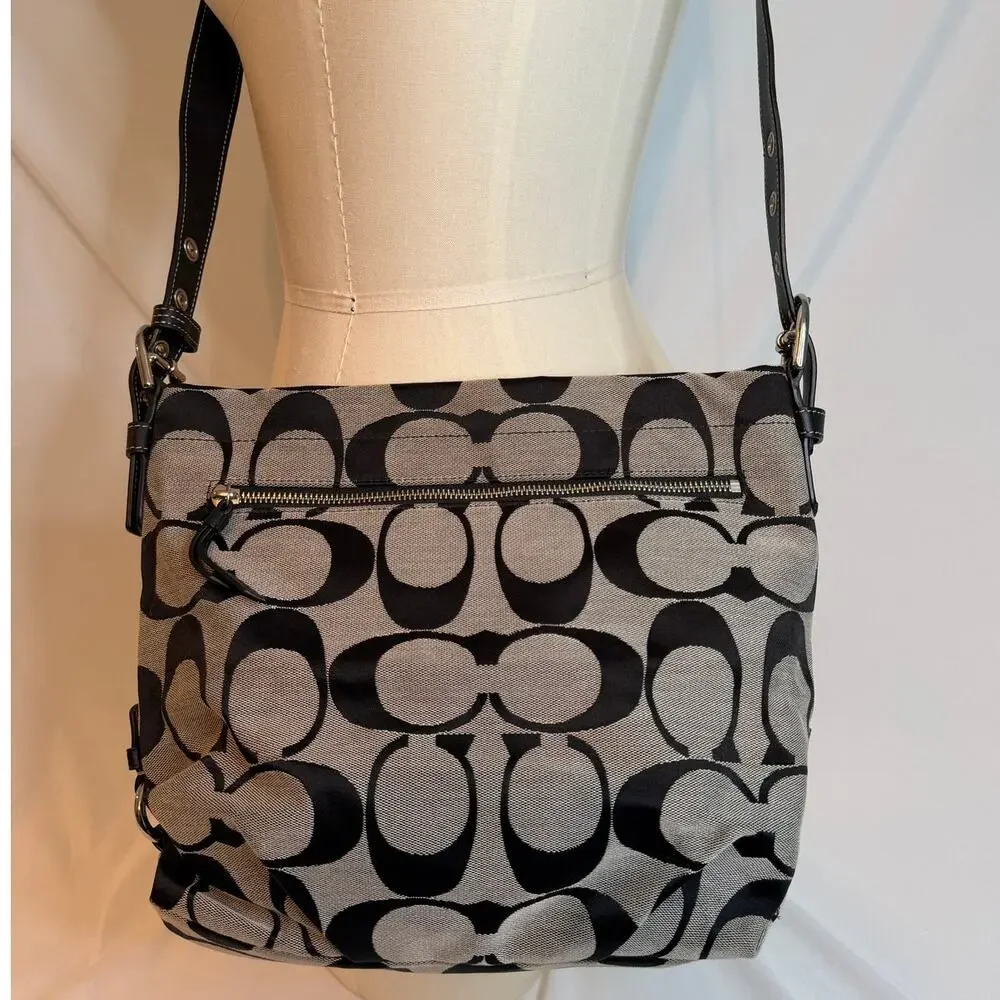 Coach Signature Canvas Shoulder Bag Black Gray Monogram Crossbody Purse Classic - Picture 4 of 15